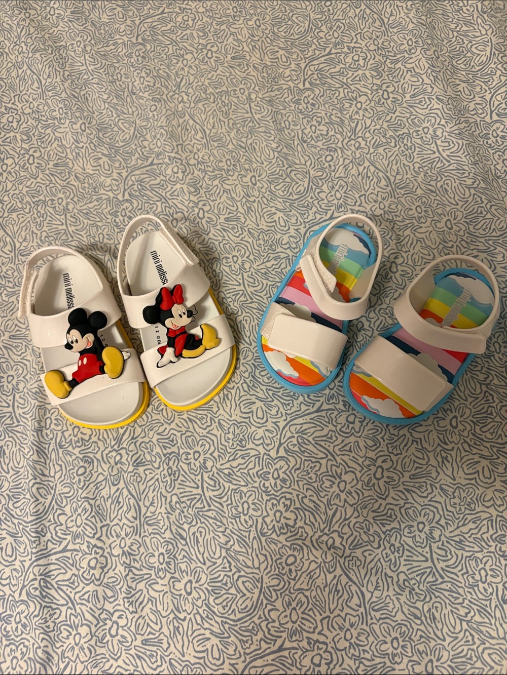 Mini Melissa White Kids Sandals with Mickey & Minnie and Rainbow Print